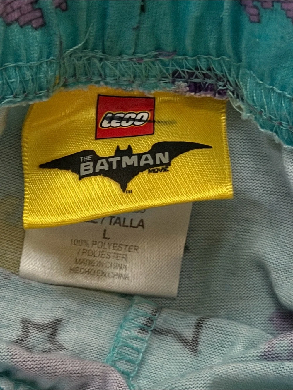 Lego Turquoise Pajama Pants with Purple and Yellow Bat Print